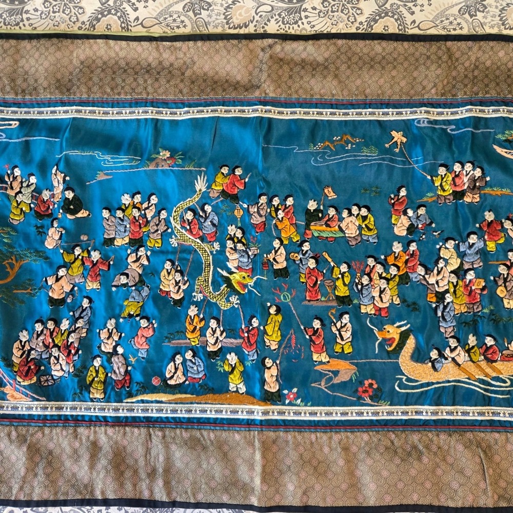 Vintage Chinese Silk Tapestry One Hundred Children Embroidery Dragon Blue 34X21"